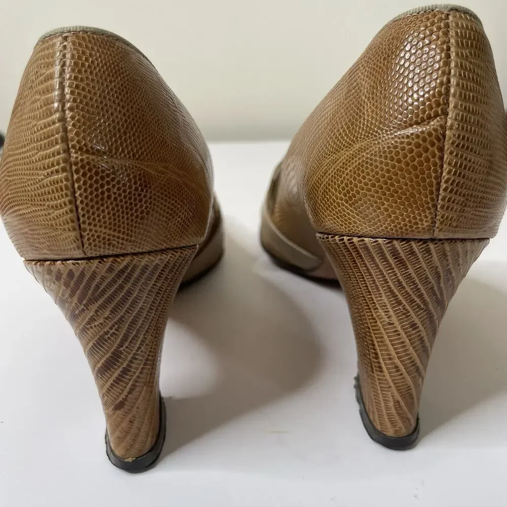 Agnes Sorel Size 6.5 Vintage Genuine Lizard High‎ Heels 90's Handmade Tan Brown